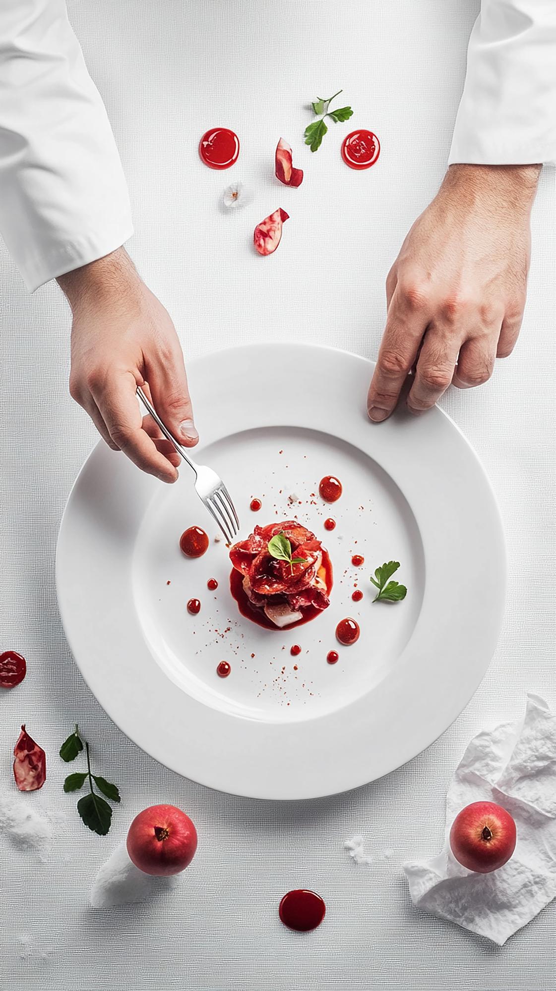 Chef demonstrating plated dish in studio